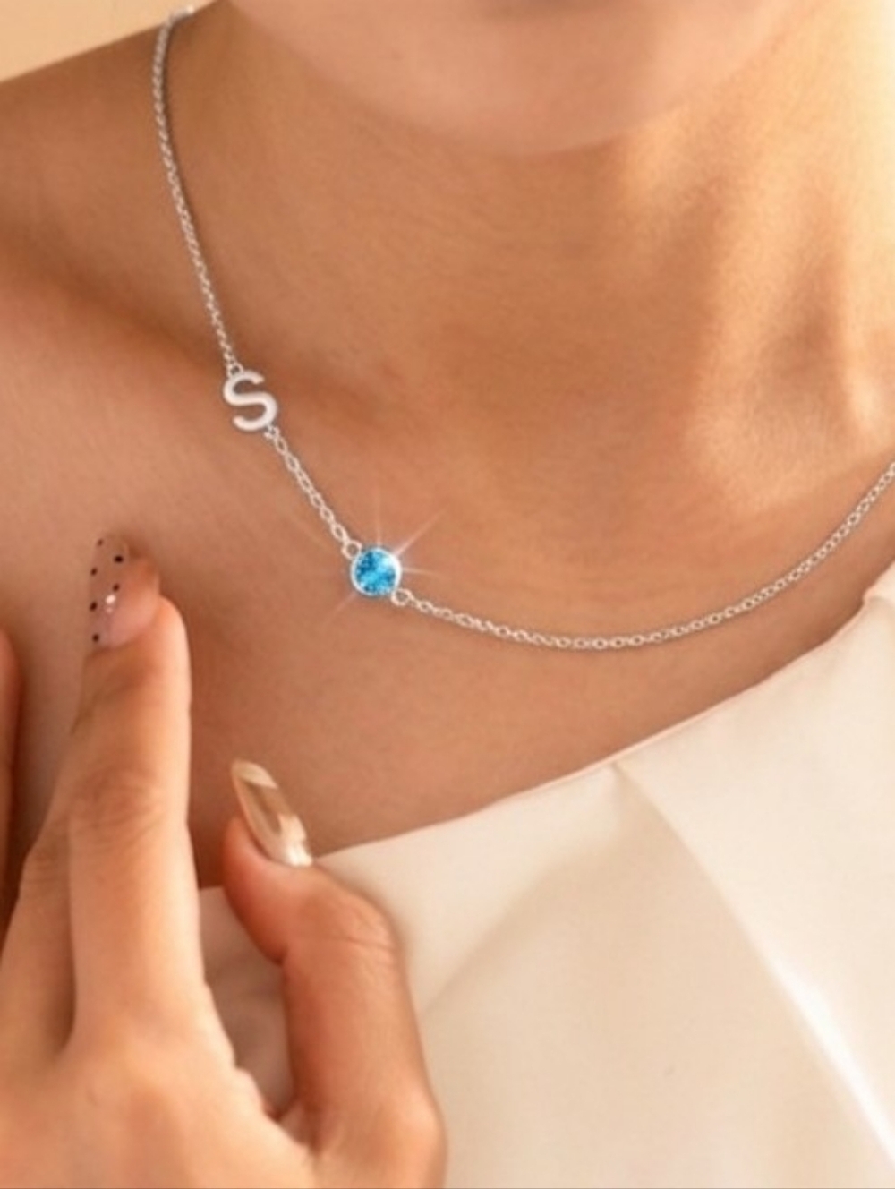S Monogram Silver Necklace with Birthstone Crystal Accent - Women Jewelry